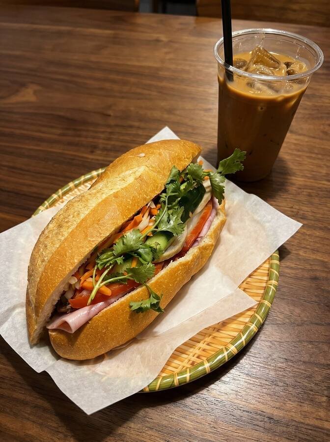 Saigon Special banh mi with Vietnamese iced coffee on dark walnut