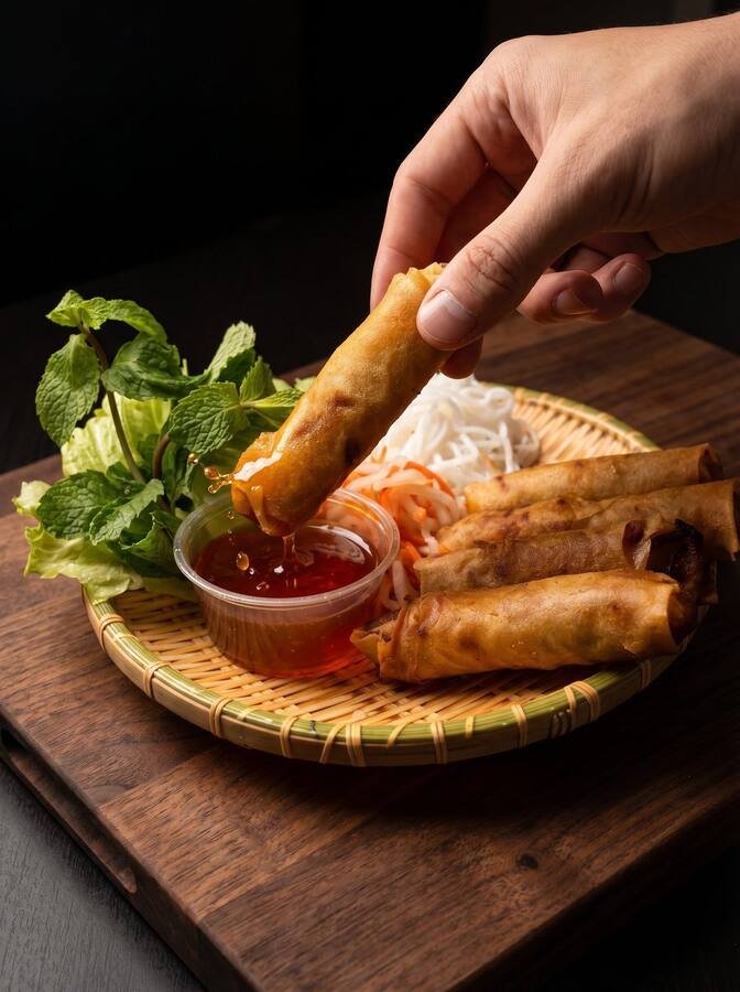 Hand-rolled crispy spring roll being dipped in sweet chili sauce